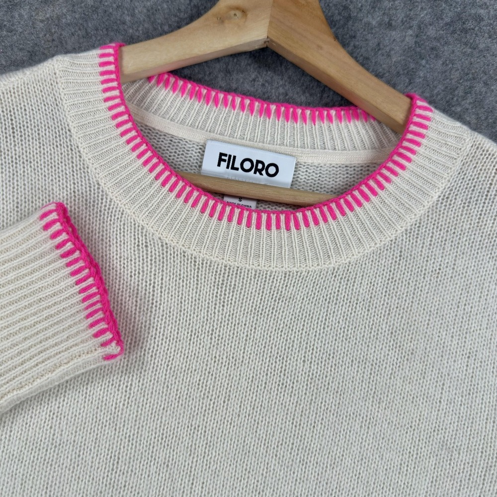 FILORO Sweater Womens Small White 100%‎ Cashmere Crewneck Contrast Trim Knit